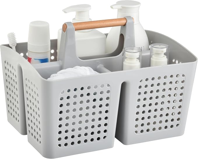 Portable Shower Caddy Basket with Compartments, Plastic Divided Cleaning Caddy Organizer Storage Tote with Handle for Bathroom, College, Dorm Room Essentials, Light Gray