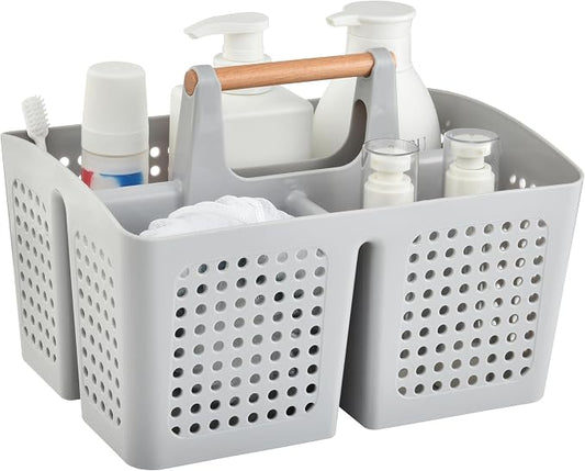 Portable Shower Caddy Basket with Compartments, Plastic Divided Cleaning Caddy Organizer Storage Tote with Handle for Bathroom, College, Dorm Room Essentials, Light Gray