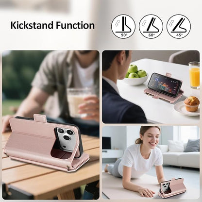 Antsturdy Compatible with Magsafe Magnetic 2 in 1 Detachable iPhone 17 Pro Wallet Case with Credit Card Holder Slots,PU Leather RFID Blocking Phone Cover Wrist Strap Zipper Women Men,Rose Gold