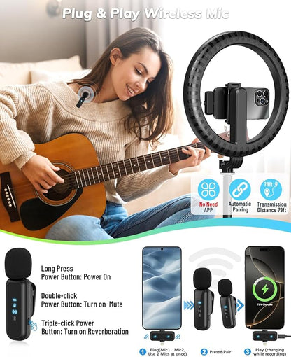 Vlogging Kit for iPhone/Android - 10" Selfie Ring Light with 74" Tripod Stand & Phone Holder, Tripod for iPhone with Light and Microphone, YouTube Starter Kit for TikTok/Makeup/Content Creator