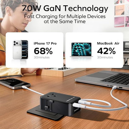 (2026 NEW) MOMAX Universal Travel Adapter, Ultra-Thin 70W GaN International Plug Adapter with 3 USB-C, 1 USB-A and AC Outlet, Works in 200+ Countries, Not a Voltage Converter, for International Travel