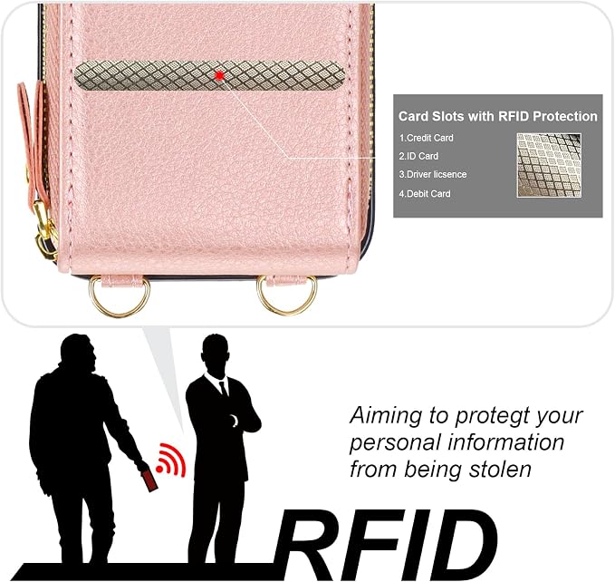 KIHUWEY Crossbody Wallet Case for iPhone 13 iPhone 14, Zipper Pocket Case with Card Holder, PU Leather RFID Protective Cover Case with Kickstand Detachable Wrist Strap Lanyard 6.1" (Rose Gold)