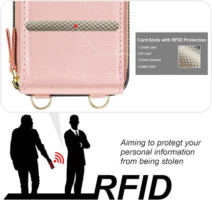 KIHUWEY Crossbody Wallet Case for iPhone 13 iPhone 14, Zipper Pocket Case with Card Holder, PU Leather RFID Protective Cover Case with Kickstand Detachable Wrist Strap Lanyard 6.1" (Rose Gold)