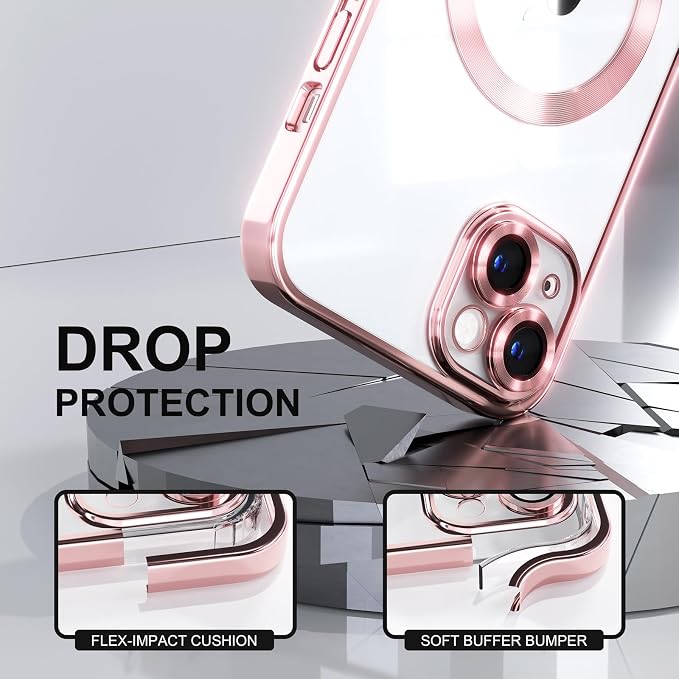 Misea Magnetic for iPhone 14 Case Compatible with MagSafe [Never Yellowing] [Military Grade Drop Protection] Full Camera Lens Protector Plating Soft Clear Phone Case for Women Girls, Pink