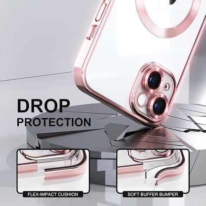 Misea Magnetic for iPhone 14 Plus Case Compatible with MagSafe [Never Yellowing] [Military Grade Drop Protection] Full Camera Lens Protector Plating Soft Clear Phone Case for Women Girls, Pink