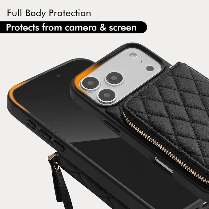 LAMEEKU for iPhone 17 Pro Max Wallet Case with Card Holder, Quilted Leather Crossbody Zipper Purse for Women 6.9'' Black