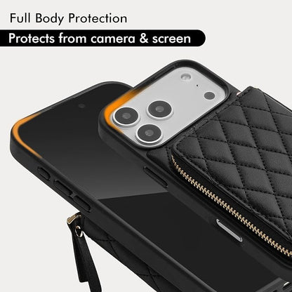 LAMEEKU for iPhone 17 Pro Max Wallet Case with Card Holder, Quilted Leather Crossbody Zipper Purse for Women 6.9'' Black