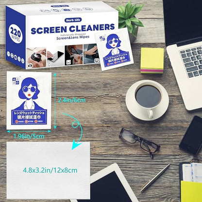 （220 PCS）Screen Cleaner, Glasses Disposable wipes, Audio & Video Lens Cleaners, Sunglasses wipes,Mobile phone screen wipes，Glasses Cleaner for Eye glasses, Camera, Phone, Tablets & Computer Screen
