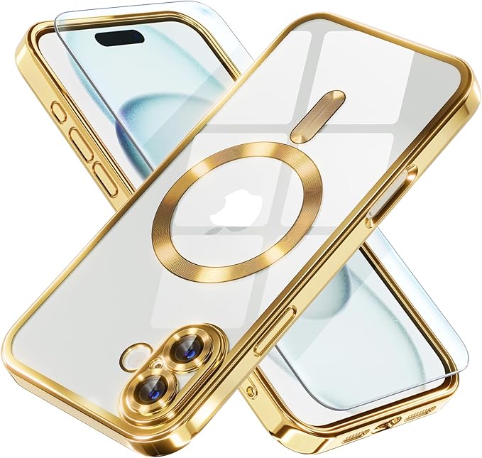 Misea Magnetic for iPhone 16 Plus Case Compatible with MagSafe [Never Yellowing] [Military Grade Drop Protection] Full Camera Lens Protector Plating Soft Clear Phone Case for Women 6.7", Gold