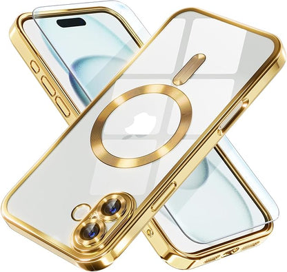 Misea Magnetic for iPhone 16 Plus Case Compatible with MagSafe [Never Yellowing] [Military Grade Drop Protection] Full Camera Lens Protector Plating Soft Clear Phone Case for Women 6.7", Gold