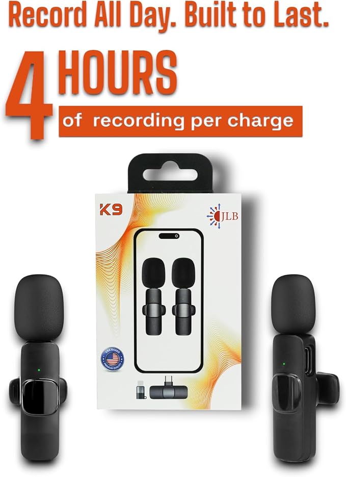 JLB American-Based Wireless Lavalier Microphone 2-Pack for iPhone, iPad, USB-C Devices, Plug & Play, Noise Canceling, 360° Sound Pickup, Reverb Mode, 65ft Range - Trusted by Creators Worldwide