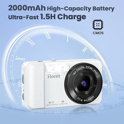 64MP 4K Digital Camera, Hoestr 18X Zoom Autofocus Point and Shoot Compact Camera with 64GB TF Card, Flash, 2.8" LCD Screen for Teens Adult Beginner Travel Photography Vlogging（White）