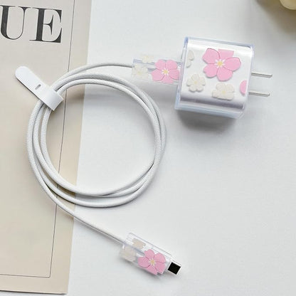 Lovmooful Compatible for iPhone 18W/20W USB-C Charger Cover Clear Lovely Flower Floral Design Soft Charger Protector Cute Cable Case Saver Protector for Girls Women-Big Pink Flower
