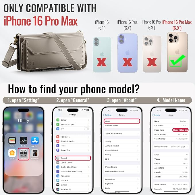 Strapurs Wallet Case Compatible with iPhone 16 Pro Max 6.9" RFID Blocking 10-Card Holder Soft PU Leather Magnetic Snap Shoulder Strap Zipper Pocket Phone Case Fit for iPhone 16 Pro Max - Grey