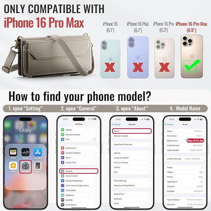 Strapurs Wallet Case Compatible with iPhone 16 Pro Max 6.9" RFID Blocking 10-Card Holder Soft PU Leather Magnetic Snap Shoulder Strap Zipper Pocket Phone Case Fit for iPhone 16 Pro Max - Grey