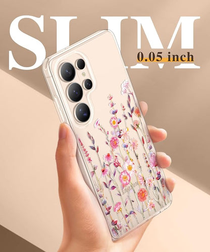 GVIEWIN for Samsung Galaxy S26 Ultra Case, Clear Floral Slim Shockproof Protective Women Phone Case, Non-Yellowing, with Screen Protector & Camera Lens Protector for S26 Ultra 6.9", Floratopia/Orange