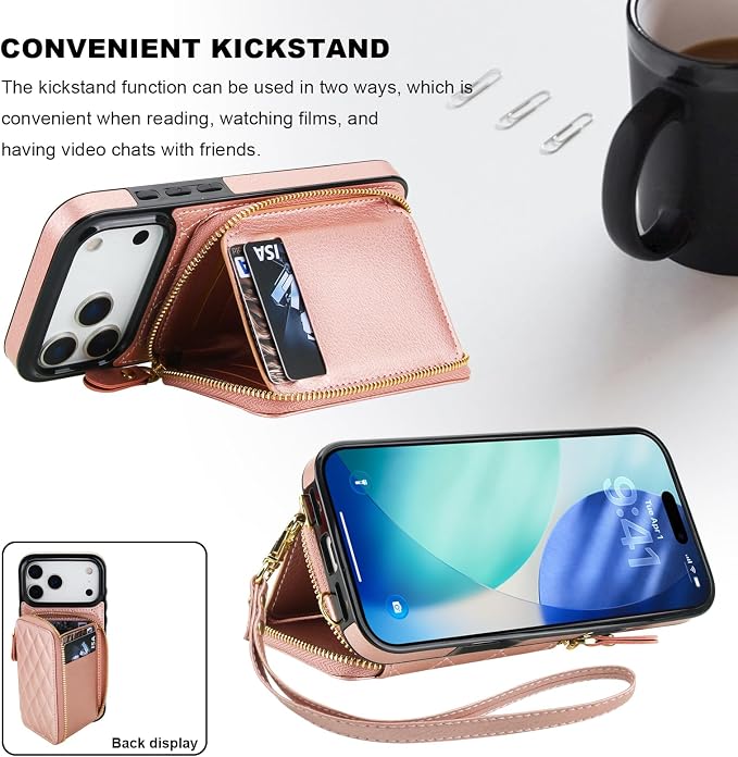 Bocasal Crossbody Wallet Case for iPhone 17 Pro Max, RFID Blocking PU Leather Zipper Handbag Purse Flip Cover, Kickstand Folio Case with Card Slots Holder Wrist Strap Lanyard 5G 6.9 Inch (Rose Gold)