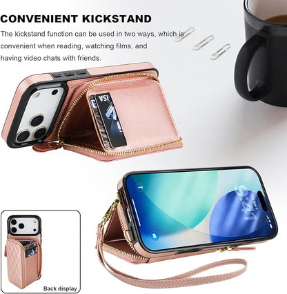 Bocasal Crossbody Wallet Case for iPhone 17 Pro Max, RFID Blocking PU Leather Zipper Handbag Purse Flip Cover, Kickstand Folio Case with Card Slots Holder Wrist Strap Lanyard 5G 6.9 Inch (Rose Gold)