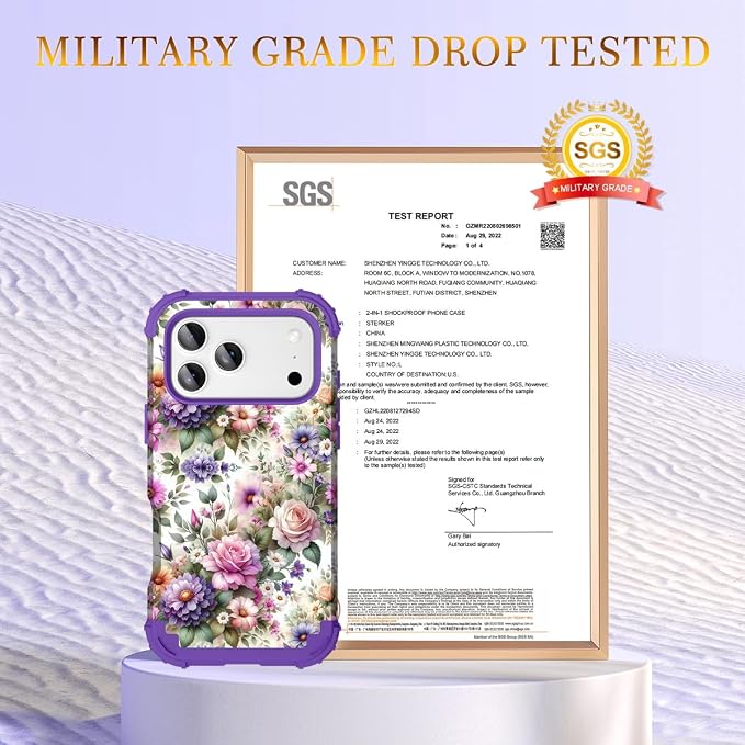 Hocase for iPhone 17 Pro Max Case, Heavy Duty Shockproof Protection Soft Silicone Rubber+Hard Plastic Bumpers Hybrid Protective Case for iPhone 17 Pro Max 2025 - Purple Pink Flowers
