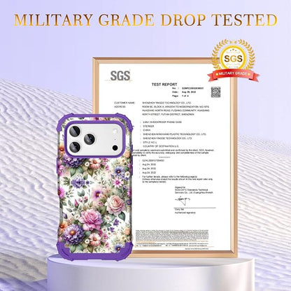 Hocase for iPhone 17 Pro Max Case, Heavy Duty Shockproof Protection Soft Silicone Rubber+Hard Plastic Bumpers Hybrid Protective Case for iPhone 17 Pro Max 2025 - Purple Pink Flowers