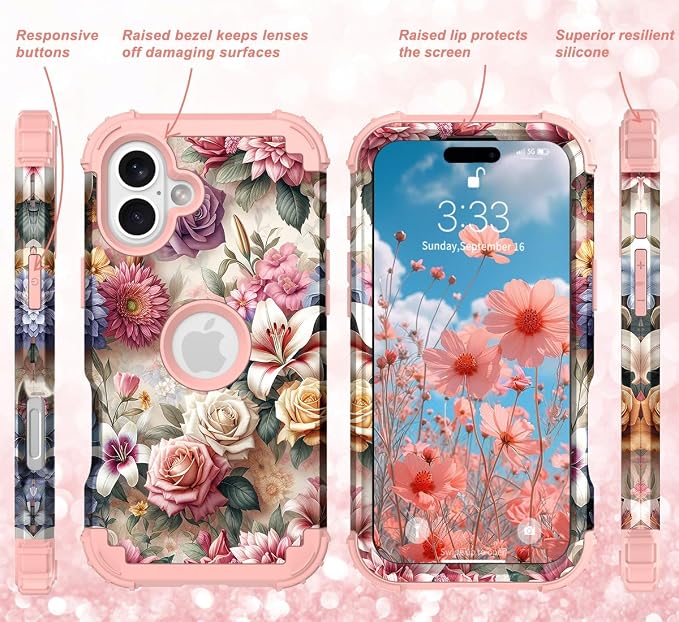 Hocase for iPhone 17 Case 6.3", Heavy Duty Shockproof Protection Soft Silicone Rubber+Hard Plastic Bumpers Hybrid Protective Case for iPhone 17 2025 - Rose Flowers