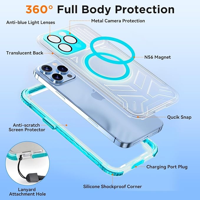 WIFORT Waterproof Phone Case for iPhone 15 Pro Teal | IP68 Underwater, Dustproof, Built-in Screen, 15FT Military Shockproof, 360 Full Body Sealed Protection Cover, Magnetic, Frosted, 6.1"