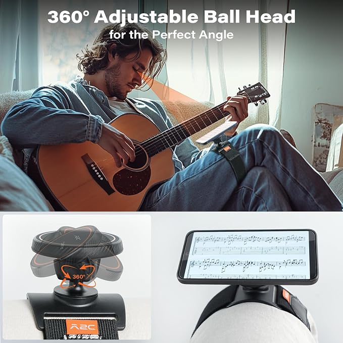 A2C Magnetic Guitar Phone Holder Mount with Adjustable Elastic Strap | 360° Rotatable Ball Head | Guitar Accessory Gift | Compatible with MagSafe – Metal Ring Included for All Smartphones