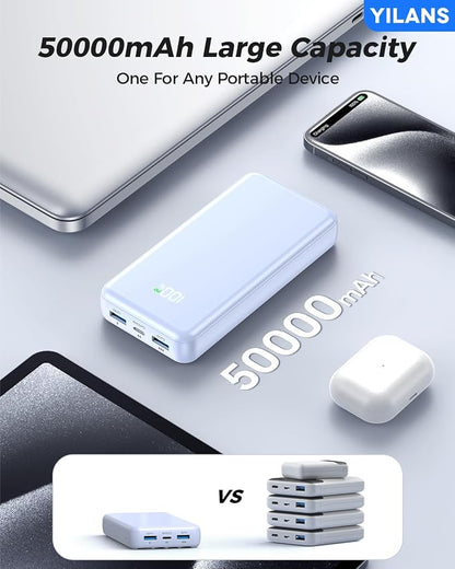 Portable Charger,50000mAh Power Bank Built-in Cable, 22.5W PD USB C In & Out Fast Charging, External Battery Pack with 6 Output & 2 Input, Travel Phone Charger for iPhone 17/16/15/14/13/12(Azure)