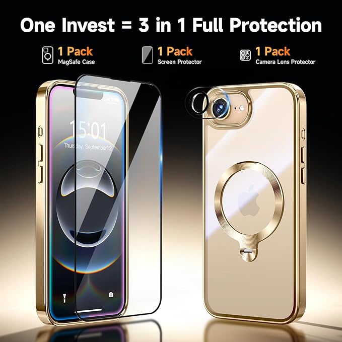 [Tri-Shield Protection] for iPhone 17e/16e Case with 360° Spin Stand Compatible with MagSafe [Magnetic CD Ring] [Screen & Camera Lens Protector] Shockproof Plating Never-Yellowing, Gold-6.1"
