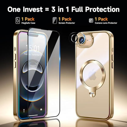[Tri-Shield Protection] for iPhone 17e/16e Case with 360° Spin Stand Compatible with MagSafe [Magnetic CD Ring] [Screen & Camera Lens Protector] Shockproof Plating Never-Yellowing, Gold-6.1"