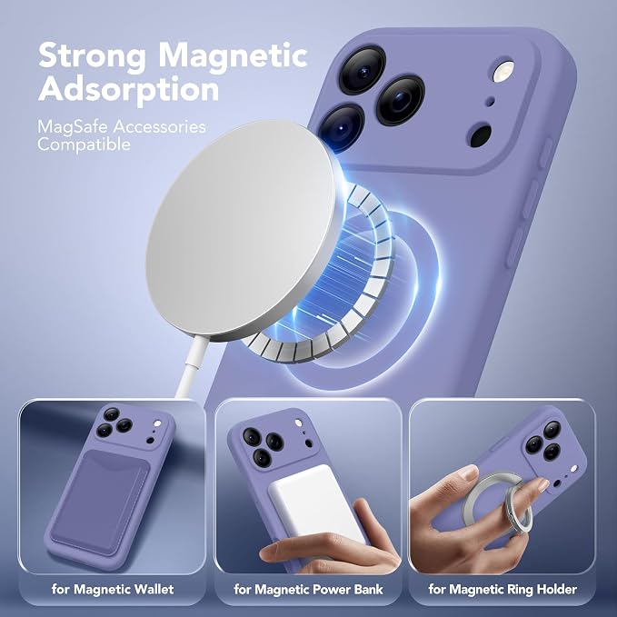 Magnetic for iPhone 17 Pro Case, Compatible with MagSafe, [Full Camera Protection][Screen Protector] Silicone Shockproof Protective Phone Case for iPhone 17 Pro 6.3", Lavender Gray