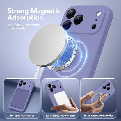 Magnetic for iPhone 17 Pro Case, Compatible with MagSafe, [Full Camera Protection][Screen Protector] Silicone Shockproof Protective Phone Case for iPhone 17 Pro 6.3", Lavender Gray