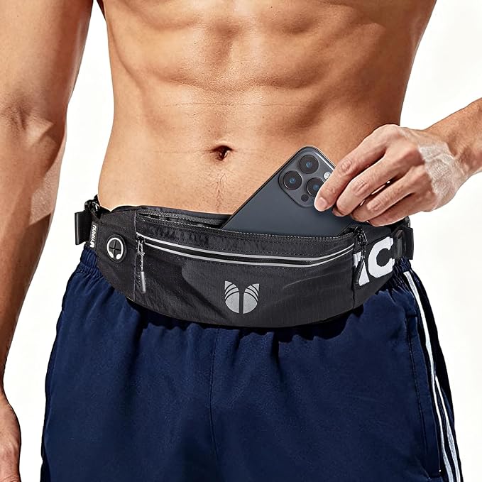 Slim Running Belt Fanny Pack for Women Men, phone holder for running Pouch, Waist belt for Workout, Marathon Jogging Running Gear Accessories [Fits ALL Phones] ﻿ (BLACK)