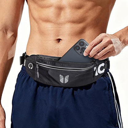 Slim Running Belt Fanny Pack for Women Men, phone holder for running Pouch, Waist belt for Workout, Marathon Jogging Running Gear Accessories [Fits ALL Phones] ﻿ (BLACK)