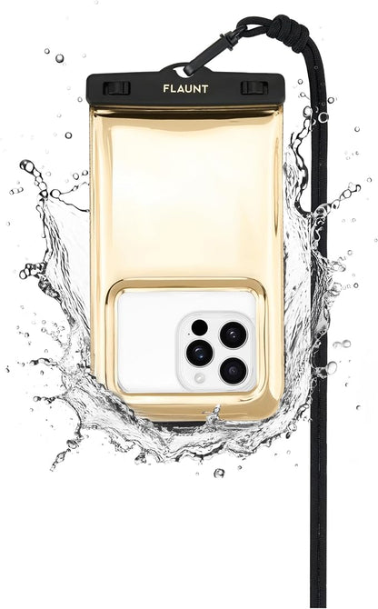 Flaunt Gold Metallic Waterproof Floating Phone Pouch with Crossbody Lanyard - Travel Beach Cruise Ship Essentials - Large