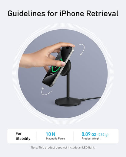 Anker MagGo iPhone 17 MagSafe Charger Compatible Stand, 15W Fast Magnetic Wireless Charging Station, Qi2 Certified 360° Wireless Charger, Magnetic Stand for iPhone 17/16/15/14/13 Series (No Adapter)