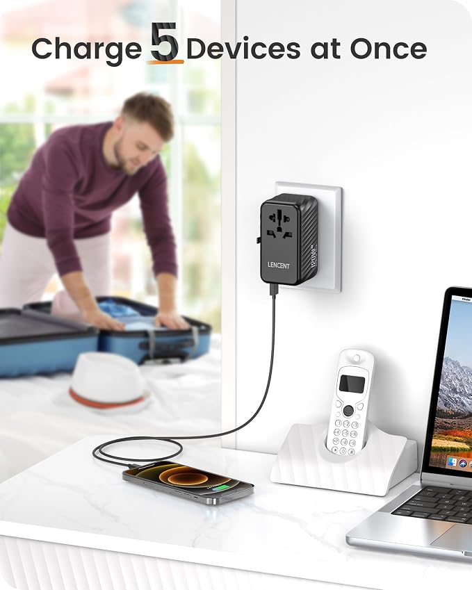 LENCENT International Travel Adapter, 120W GaN Universal Fast Charger | with 3 PD3.0 Type C+1 QC USB A, All in One Power Adaptor for iPhones,Laptops, Worldwide Plug Adapter for EU/USA/UK/AU, Black