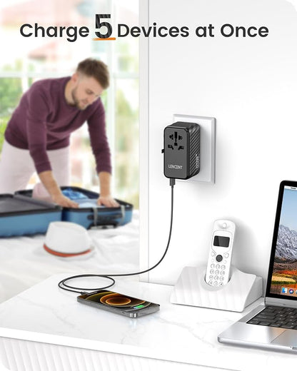 LENCENT International Travel Adapter, 120W GaN Universal Fast Charger | with 3 PD3.0 Type C+1 QC USB A, All in One Power Adaptor for iPhones,Laptops, Worldwide Plug Adapter for EU/USA/UK/AU, Black