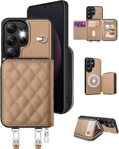 OCASE Compatible with Samsung Galaxy S26 Ultra Crossbody Wallet Case with Card Holder, PU Leather Zipper Handbag Magnetic Phone Purse with RFID Blocking Kickstand Wrist Strap Lanyard, Khaki