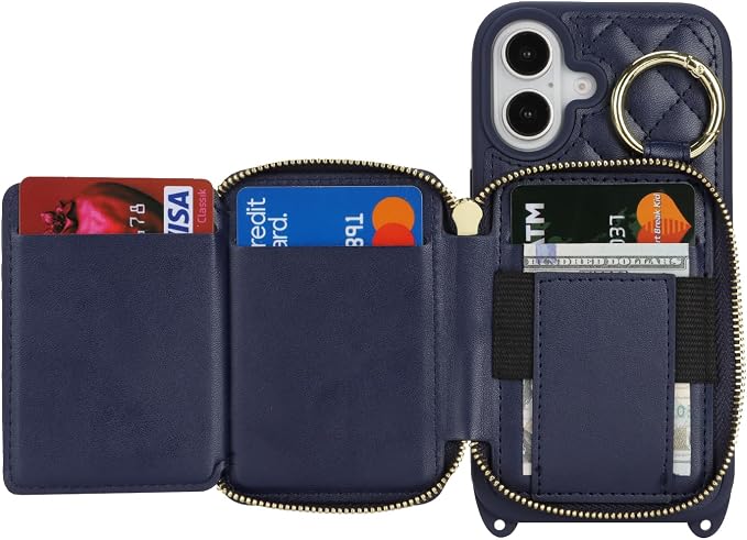 Crossbody Wallet Case for iPhone 17, PU Leather Zipper Handbag Purse Flip Cover, Kickstand Folio Case with Card Slots Holder Wrist Strap Lanyard 5G 6.3 Inch-Blue