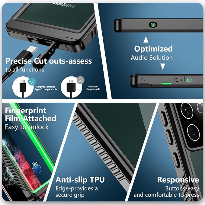 SPIDERCASE Designed for Samsung Galaxy S22 Ultra Case, Waterproof Built-in Screen Protector Full Protection Heavy Duty Shockproof Case, Green/Clear