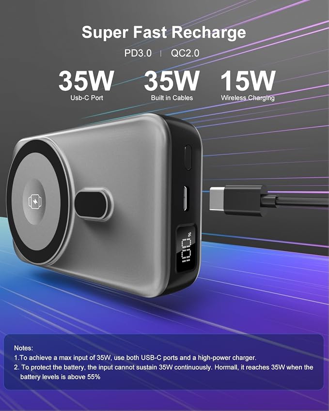 Magnetic Wireless Portable Charger for iPhone, 17000mAh 35W Wireless Power Bank with Wall Plug Built-in Cables, 6-in-1 Battery Pack with Stand, LCD Display for iPhone 16/15/14,Apple Watch