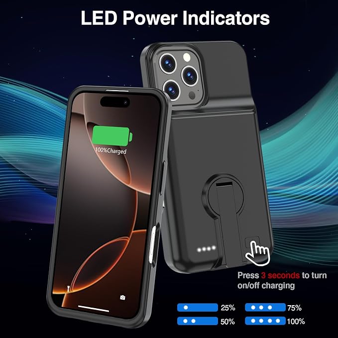 GIN FOXI Battery Case for iPhone 16 Pro Max,Charging Case with Stand, 8500mAh Rechargeable Ultra-Slim Anti-Fall Protection Extended Battery Pack Juice Box for iPhone 16 Pro Max 6.9" Black
