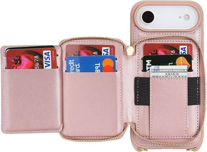 Crossbody Wallet Case for iPhone Air, PU Leather Zipper Handbag Purse Flip Cover, Kickstand Folio Case with Card Slots Holder Wrist Strap Lanyard 5G 6.5 Inch-Rose Gold