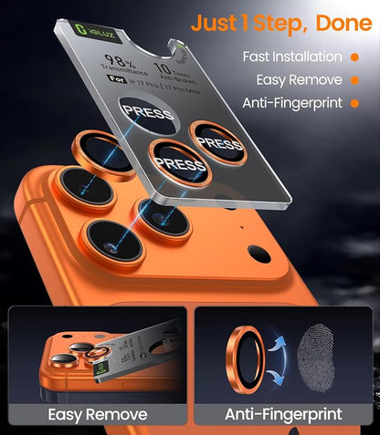 iGluz 2 Pack Anti-Reflection Camera Lens Protector for iPhone 17 Pro Max/iPhone 17 Pro [98% Transmittance][1-Step Installation][Strong Adsorption] 9H Shatterproof Tempered Glass- Cosmic Orange