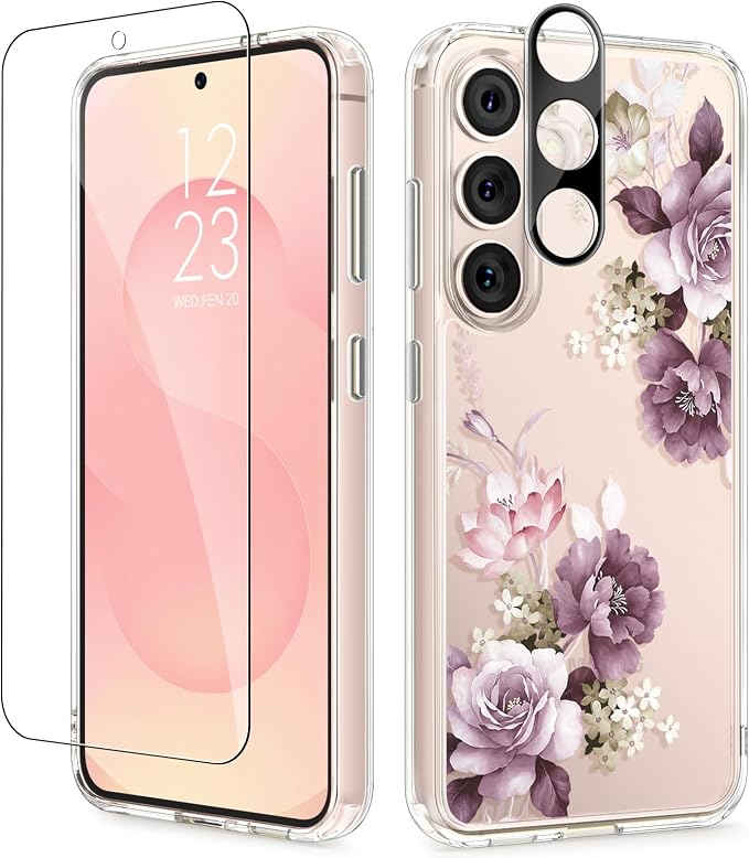 GVIEWIN for Samsung Galaxy S25 Plus Case, Clear Floral Slim Shockproof Protective Women Phone Case, Non-Yellowing, with Screen Protector & Camera Lens Protector for S25 Plus 6.7", Cherry Blossoms | Non Yellowing, Floral, Hard, Shockproof