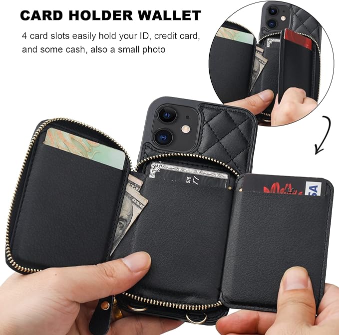Bocasal Crossbody Wallet Case for iPhone 12/12 Pro, RFID Blocking PU Leather Zipper Handbag Purse Flip Cover, Kickstand Folio Case with Card Slots Holder Wrist Strap Lanyard 5G 6.1 Inch (Black)