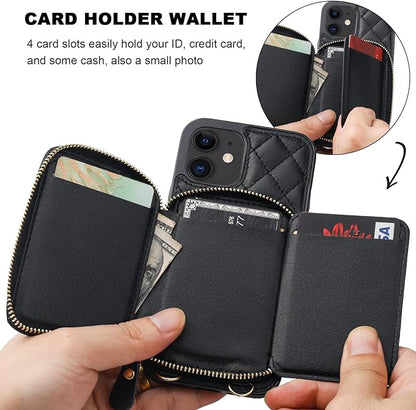 Bocasal Crossbody Wallet Case for iPhone 12/12 Pro, RFID Blocking PU Leather Zipper Handbag Purse Flip Cover, Kickstand Folio Case with Card Slots Holder Wrist Strap Lanyard 5G 6.1 Inch (Black)