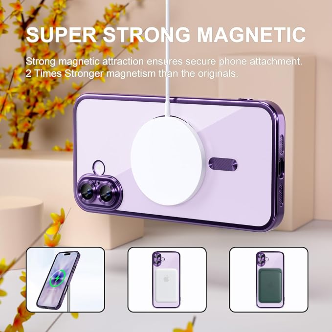 Misea Magnetic for iPhone 17 Case Compatible with MagSafe [Never Yellowing] [Military Grade Drop Protection] Full Camera Lens Protector Plating Soft Clear Phone Case for Women, Deep Purple
