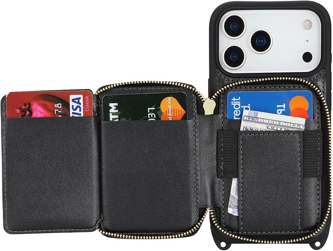 Crossbody Wallet Case for iPhone 17 Pro, PU Leather Zipper Handbag Purse Flip Cover, Kickstand Folio Case with Card Slots Holder Wrist Strap Lanyard 5G 6.3 Inch-Black